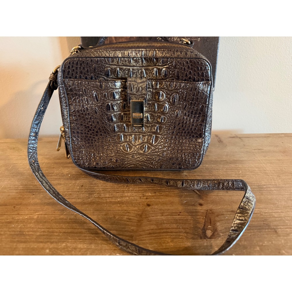 Brahmin Lane Crossbody Bag Metallic Bronze Croc Embossed Leather Handbag